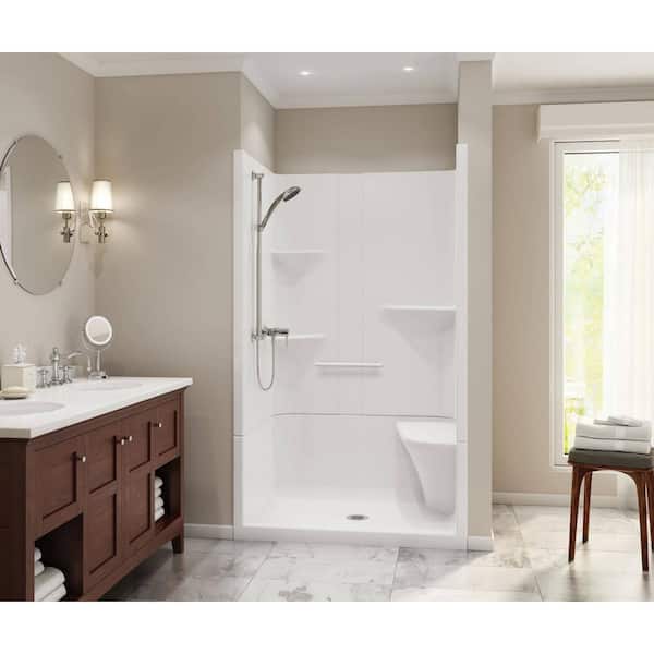 Camelia 48 in. x 34 in. x 79 in. Alcove Shower Stall with Center Drain Base and Right-Hand Seat in White