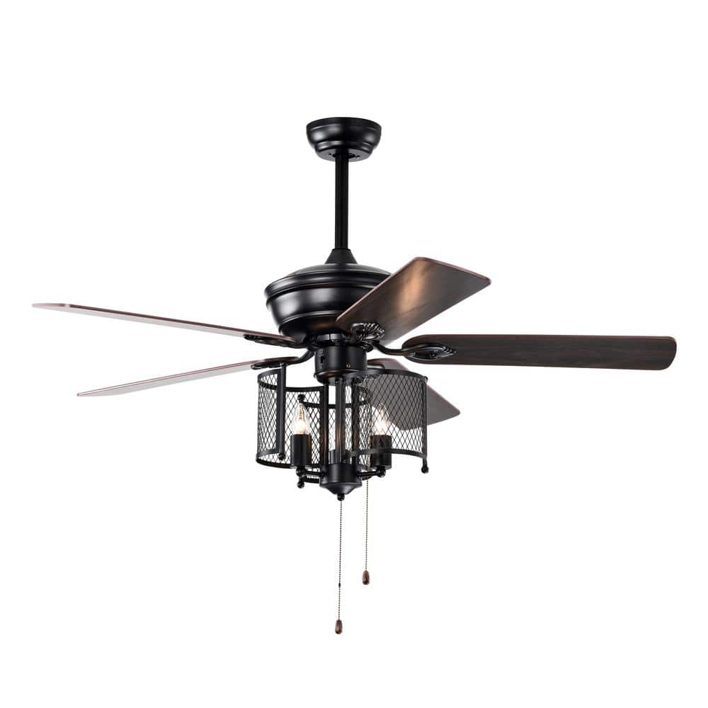 52 in. Indoor/Outdoor Matte Black Industrial Ceiling Fan with Lights 3 Wind