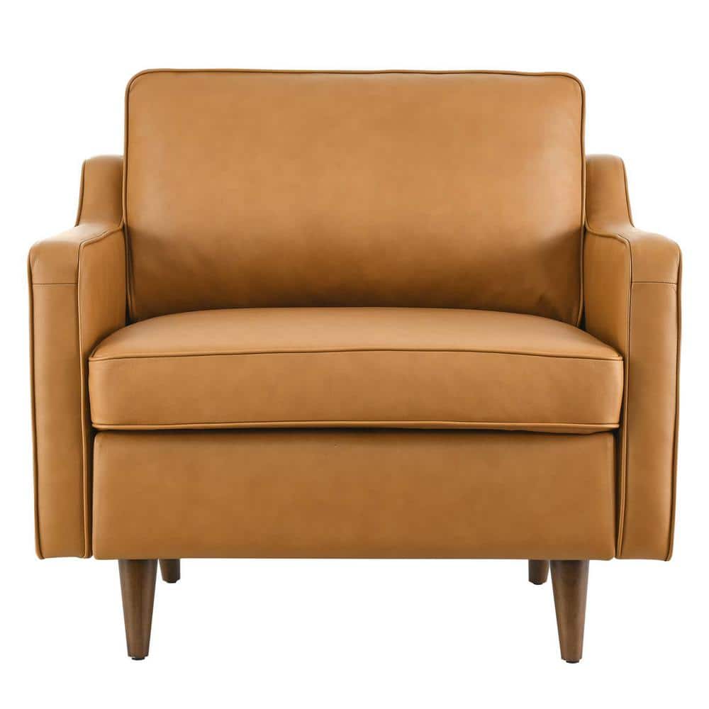 Tan Genuine Leather Mid-Century Modern Accent Chair