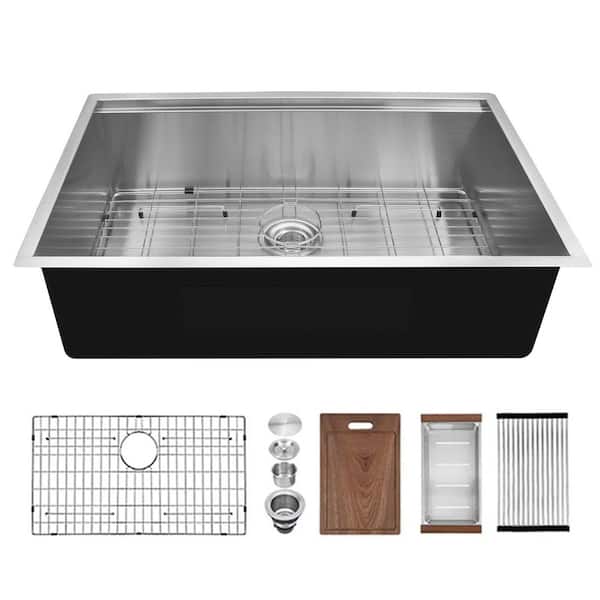 Unbranded Silver Stainless Steel 33 in. x 20 in. Single Bowl Undermount Kitchen Sink with Bottom Grid