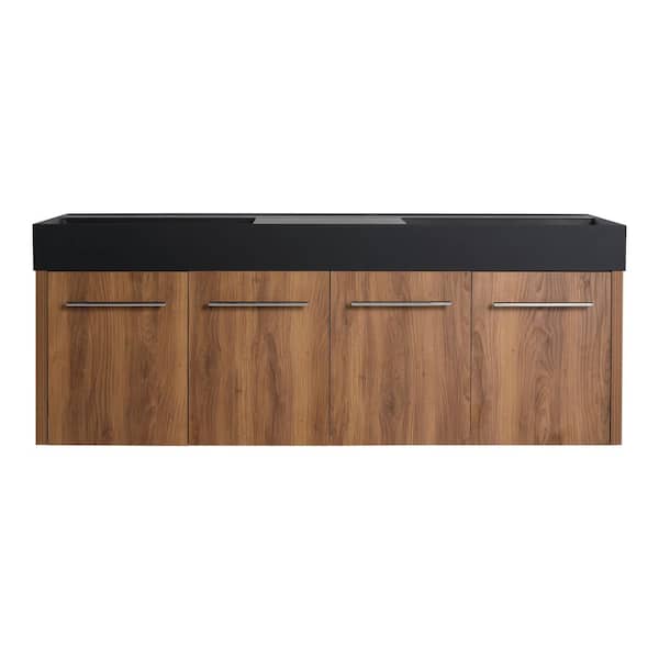 60 in. Wall-Mounted Double Brown Ebony Bath Vanity with Black Resin Top Unassembled