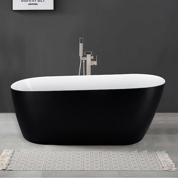 MYCASS 59 in. x 28.34 in. Acrylic Flatbottom Freestanding Single Slipper Soaking Bathtub with Left Drain in Matte Black