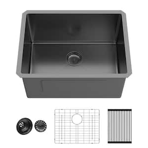 24 in. Drop-In/Undermount Single Bowl 16-Gauge Gunmetal Black Stainless Steel Kitchen Sink with Grid and Drain