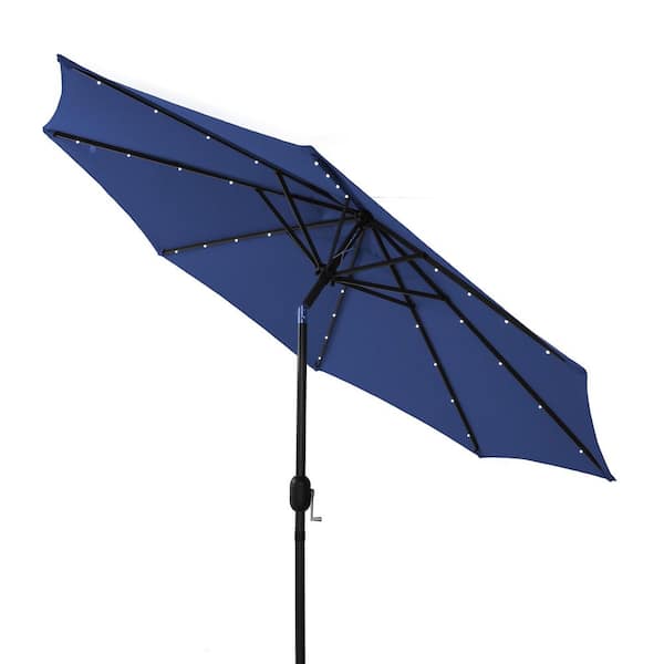 Clihome 9 ft. Outdoor Market Patio Umbrella 32 LED Solar Umbrella with Tilt and Crank in Navy Blue
