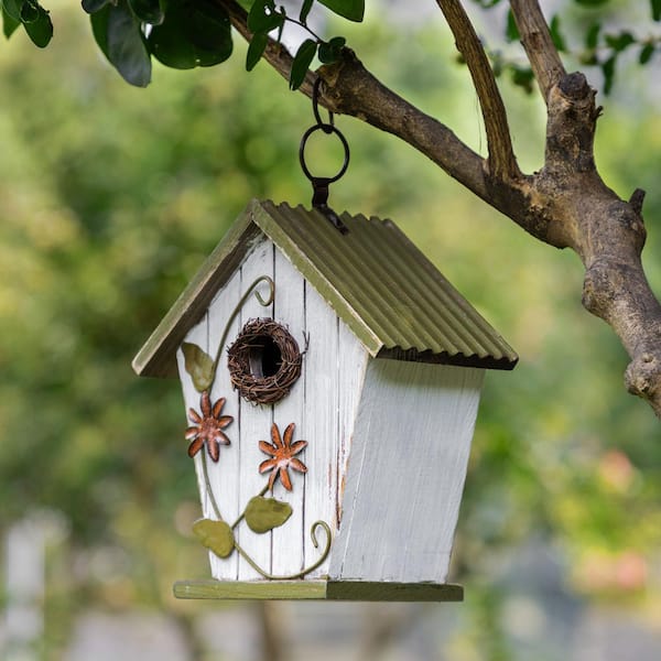 8.75 in. H Distressed Solid Wood Decorative Outdoor Garden Birdhouse with 3D Flower
