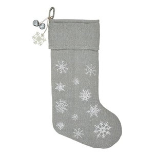 20 in. Dove Grey Silver Burlap Yuletide Snowflake with Jingle Bells Christmas Stocking