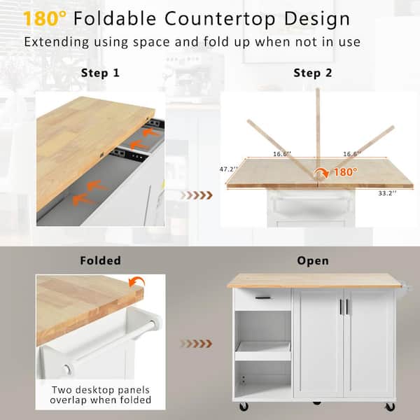 Runesay White Mdf Base with Mdf Wood Top Rolling Kitchen Island (33.2-in x 49.02-in x 37.54-in)