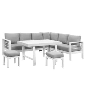 White 6-Piece Aluminum Frame Outdoor Dining Set with Light Grey Cushions