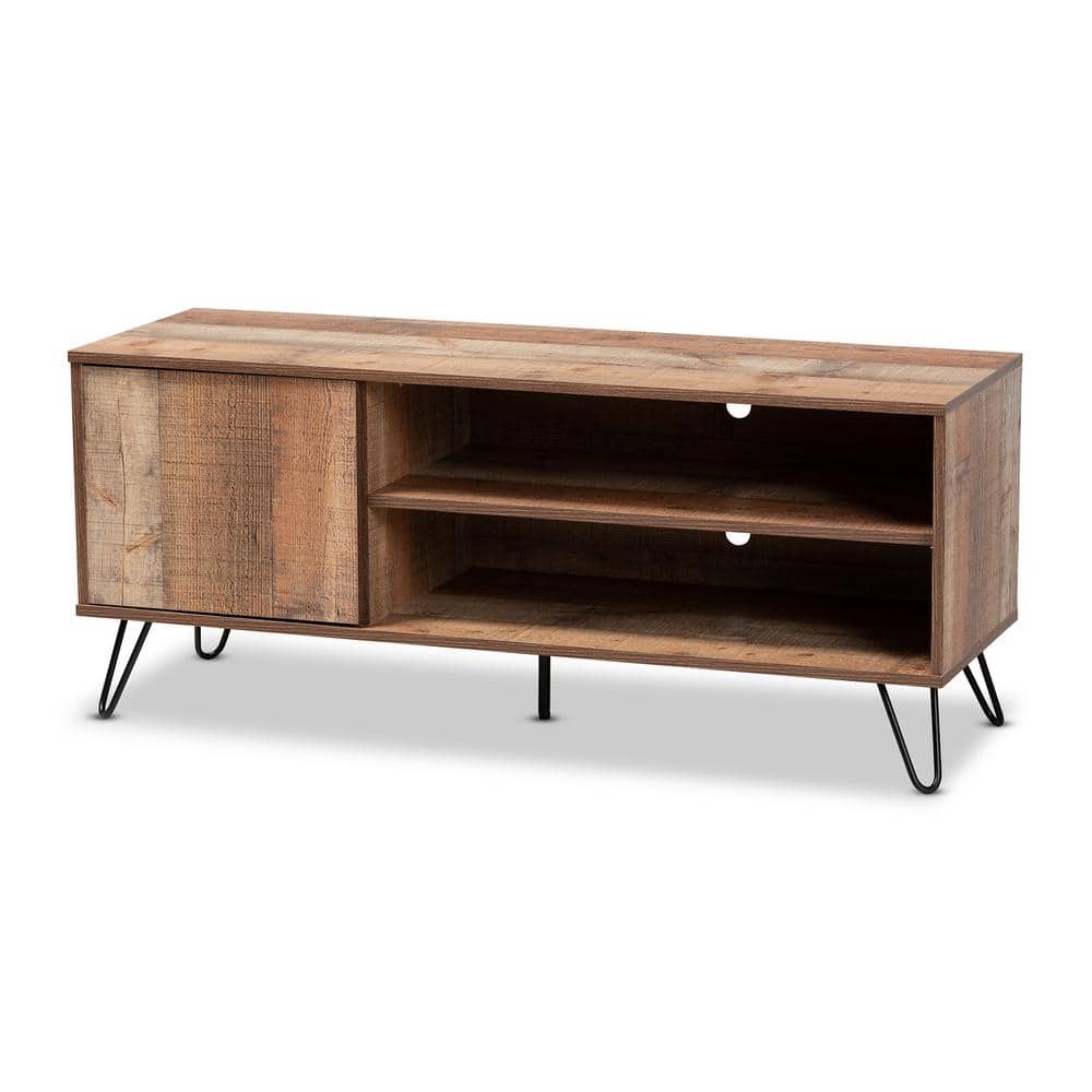 Retro Rustic Oak 48" TV Stand with Black Hairpin Legs and Cabinet
