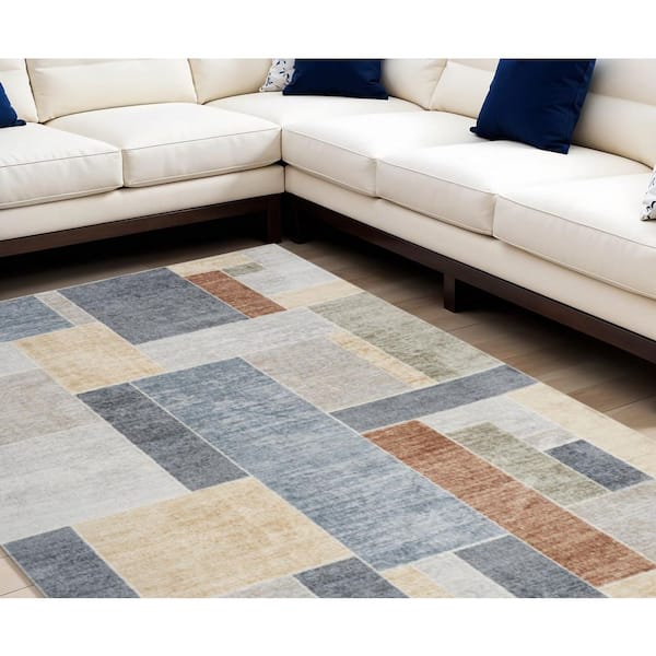 7 ft. x 9 ft. Blue and Green Geometric Power Loom Washable Rectangle Area Rug