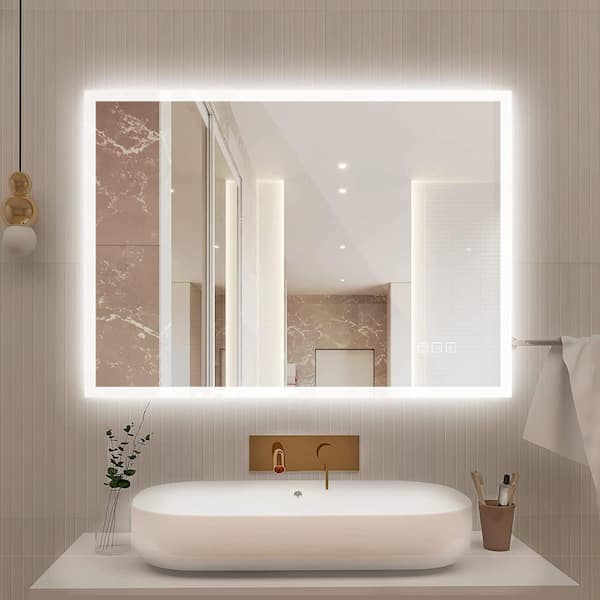 KINWELL 28 in. W x 36 in. H Frameless Rectangular Wall Mount Anti-Fog Bathroom Vanity Mirror in LED light