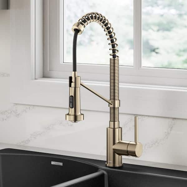 Single-Handle Pull-Down Kitchen Faucet with Dual Function Sprayhead in Spot Free Antique Champagne Bronze/Matte Black Single-Handle Pull-Down Kitchen Faucet with Dual Function Sprayhead in Spot Free Antique Champagne Bronze/Matte Black