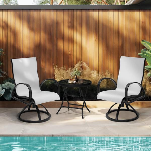 Black Swivel Aluminum Sunbrella Textilene Mesh Fabric Outdoor Dining Chair in Augustine Oyster (Set of 2)