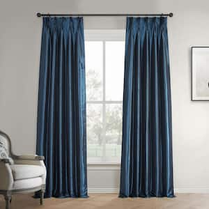 Navy Blue Faux Silk Taffeta Pleated Curtains 25 in. W x 108 in. L Pinch Pleat Blackout Curtain (Single Panel)