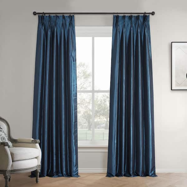 Exclusive Fabrics & Furnishings Navy Blue Faux Silk Taffeta Pleated Curtains 25 in. W x 96 in. L Pinch Pleat Blackout Curtain (Single Panel)