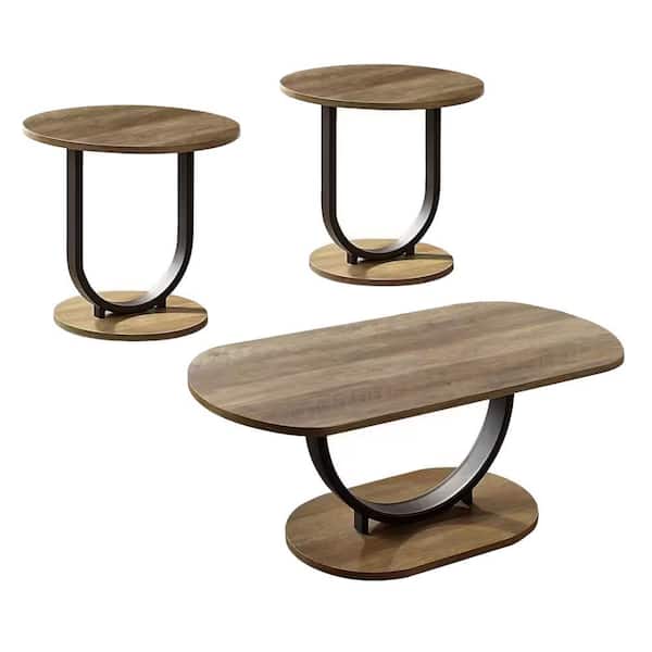 Obin 23.62 in. Brown and Black Oval MDF Wood 3 Piece Coffee Table Set with U Shape Steel Base