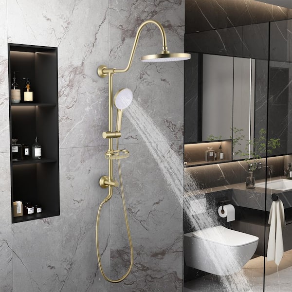 Single Handle 2-Spray Shower Faucet 1.8 GPM with Adjustable Heads and Handheld Bracket in Brushed Gold