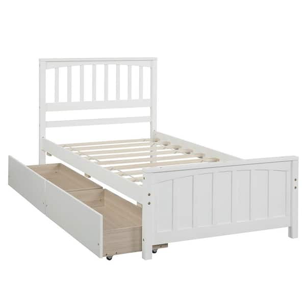 White Wood Frame Twin Size Platform Bed with 2 Storage Drawers