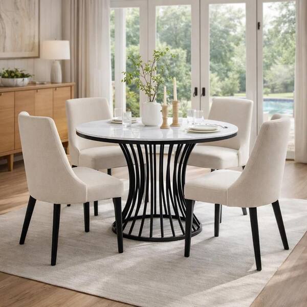 Benjara Haly White and Black Faux Marble 47.5 in. Pedestal Base Dining ...