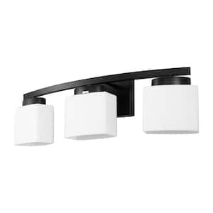 24 in. 3 Light Matte Black Modern Industrial Square Vanity Light for Bathroom with Curved Arms and Milk White Shades