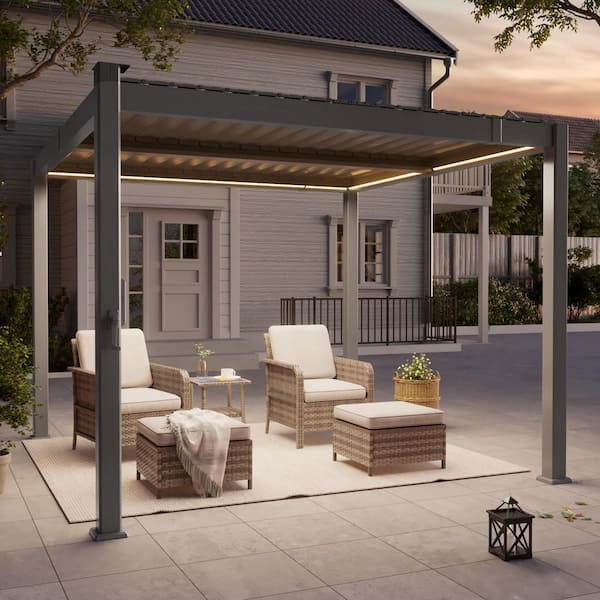JOYESERY 10 ft. x 10 ft. Modern All-Aluminum Pergola with Detachable Control Panel LED and Hand Crank Louvers, Grey