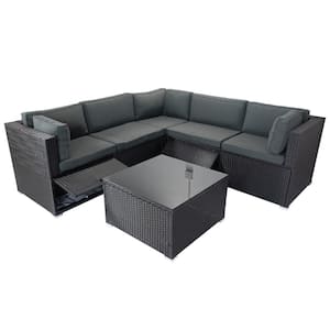 Black 6-Piece Wicker Outdoor Patio Conversation Set with Dark Gray Cushions and 3 Storage Under Seat for Garden Backyard