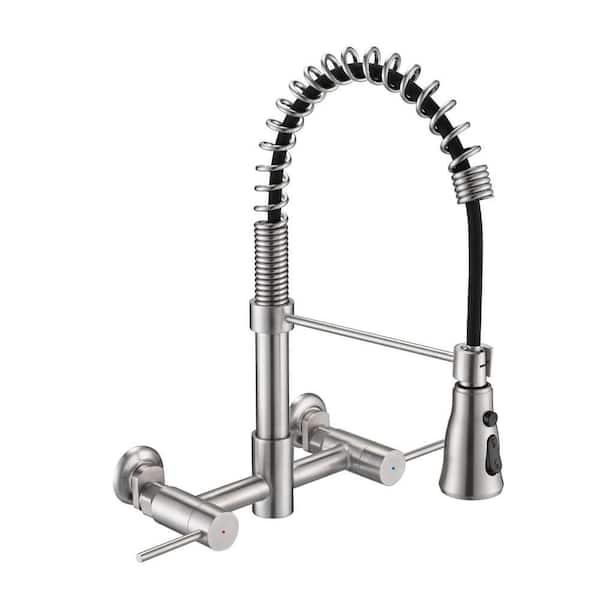Double Handles Bridge Kitchen Faucet with Pull-Down Spray Head,2 Hole Wall Mount Spring Kitchen Faucet in Brushed Nickel