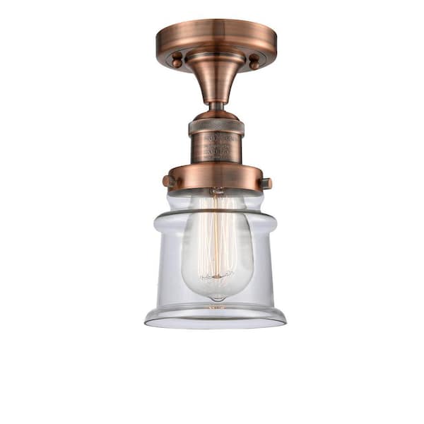 Canton 6 in. 1-Light Antique Copper Industrial Semi-Flush Mount with Clear Glass Shade