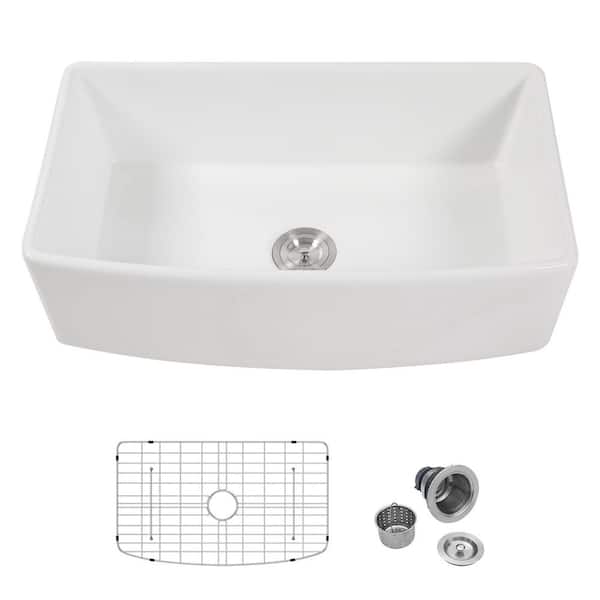 Sarlai 33 in. L X 19 in. W Undermount White Porcelain Ceramic Single Bowl Kitchen Sink with Bottom Grid
