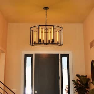 Imma 8-Light Black Modern Industrial Oversized Glass Drum Pendant Large Round Drum Chandelier with Clear Glass Shade