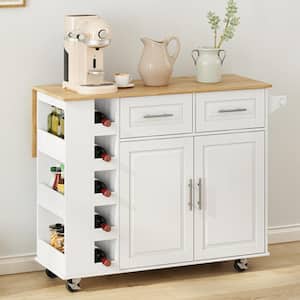 White Rubber Wood 46.46 in. Kitchen Island Cart with Door Cabinet Drawers, Spice Rack, Towel Holder, Wine Rack