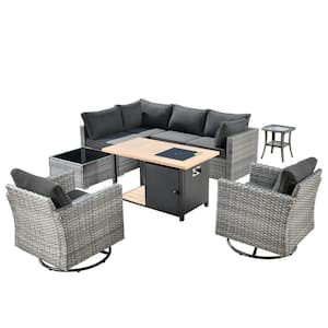Sanibel Gray 9-Piece Wicker Outdoor Patio Conversation Sofa Sectional Set with a Storage Fire Pit and Black Cushions
