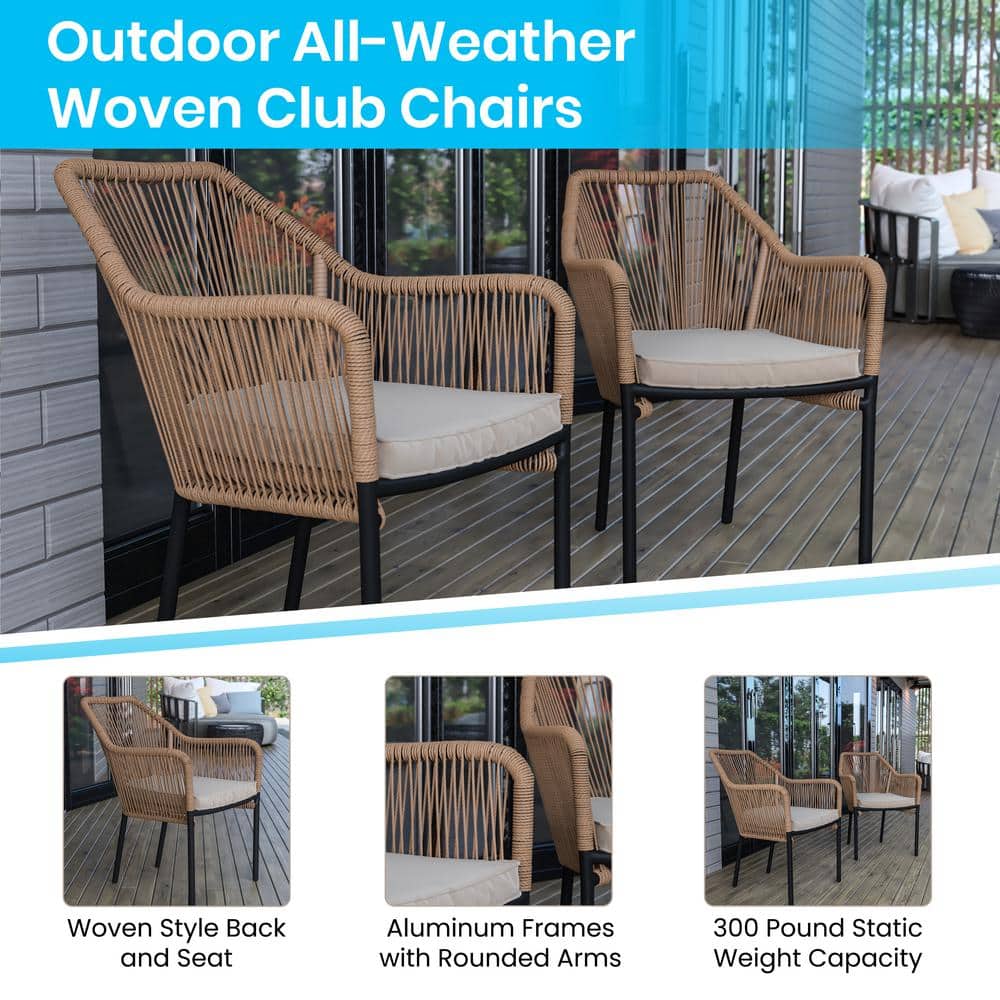 Natural Woven Metal Outdoor Dining Chairs with Cushions