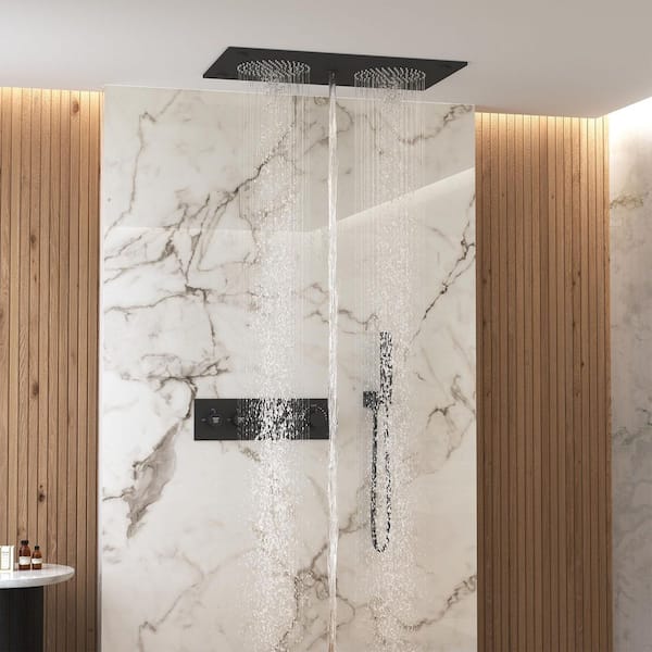 3-Spray Thermostatic Dual Shower Head Ceiling Mount Fixed and Handheld Shower Head 2.5 GPM/LED and BT in Matte Black