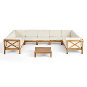 Brava Teak Brown 10-Piece Wood Patio Conversation Sectional Seating Set with Beige Cushions