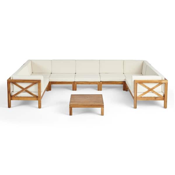 Brava Teak Brown 10-Piece Wood Outdoor Patio Conversation Sectional Seating Set with Beige Cushions