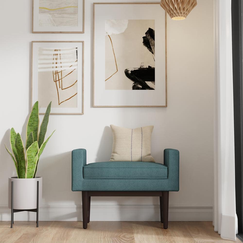 Scott Smoky Teal Linen Upholstered Footstool with Wood Base