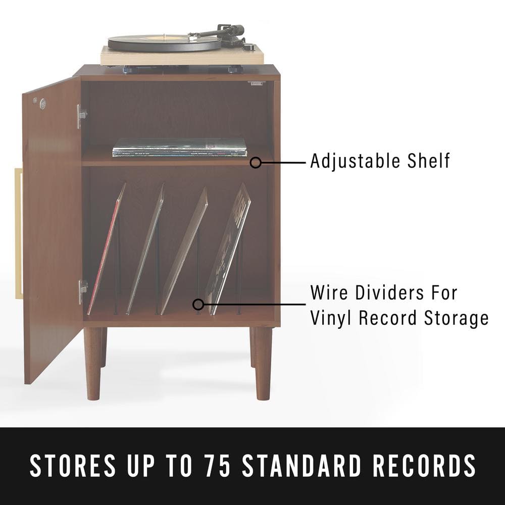 Mid-Century Brown Wood Record Player Cabinet with Gold Accents