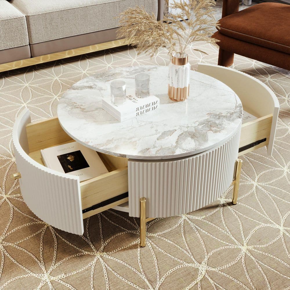 31.5 in. White Round Exquisite Marble Pattern MDF Coffee Table with 2 Large Drawers price history on PriceWatchPro
