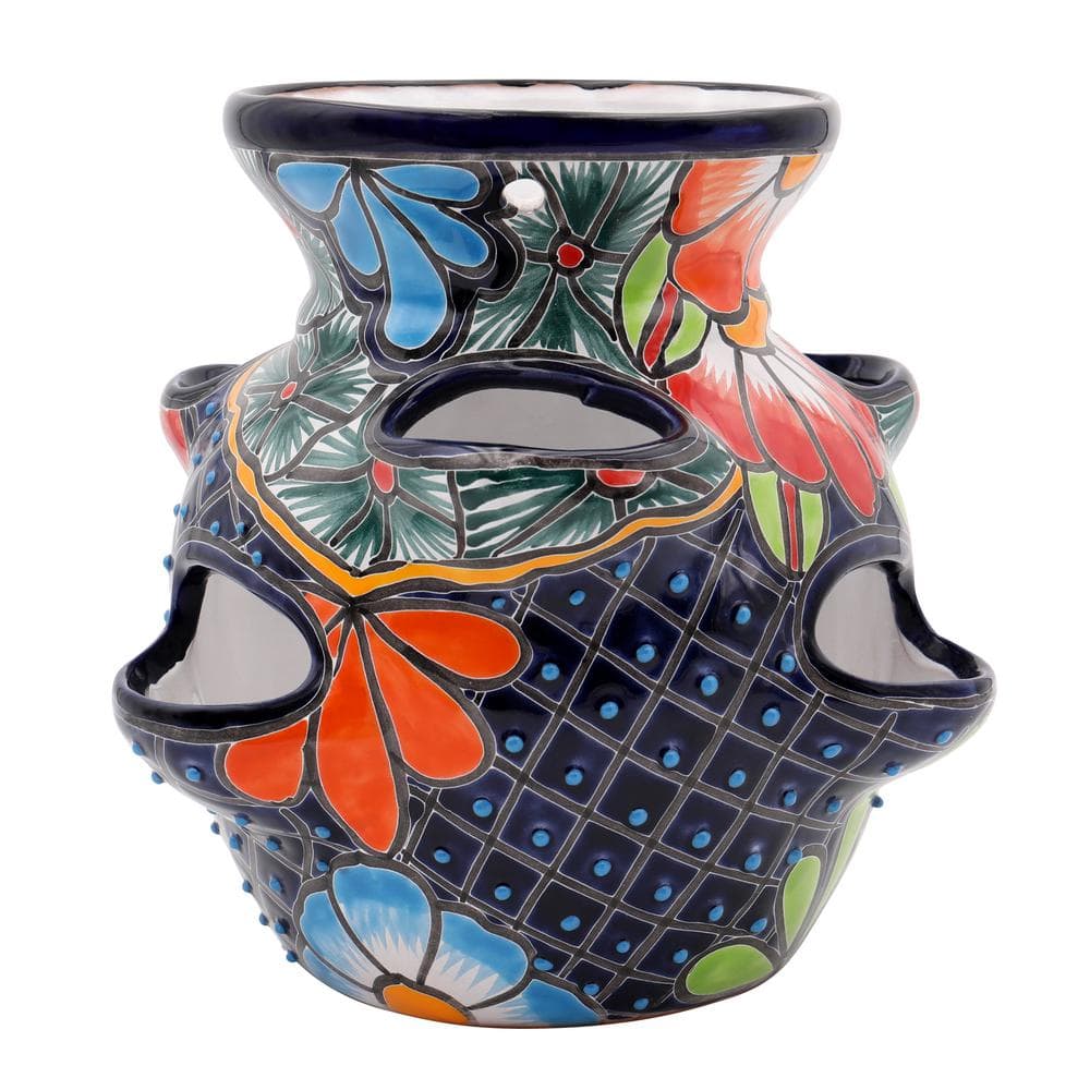 Evergreen 10 in. Royal Blue Talavera Ceramic Strawberry Pot, Multi-Colored