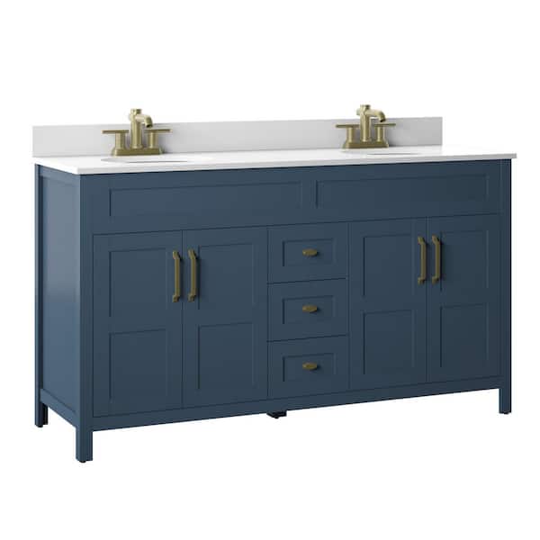 Twin Star Home 59.5 in. W x 20 in. D x 38.13 in. H Double Bath Vanity in Franklin Blue with White Marble Top