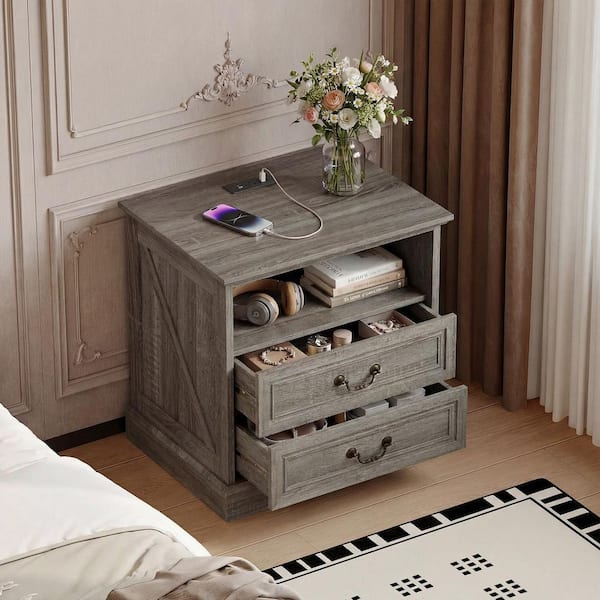 23.6 in. Gray Rectangular Wood End Table with Coffee Table, Nightstand, Bedside Table, Chest of Drawers For Bedroom