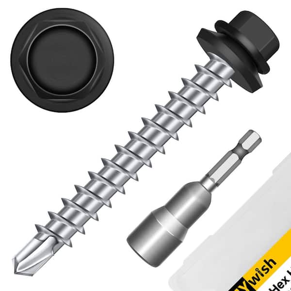 #10 x 1-1/2 in. Black Galvanized Hex Head Self Drilling Metal Roofing Screws with EPDM Rubber Washer (100-Pack)