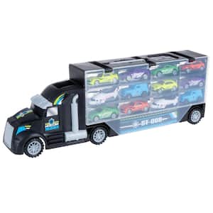 Semi-Truck Car Hauler Toy Set - 2-Sided Trailer with Helipad, Stores 24-Vehicles and Includes 10-Cars and 2-Helicopters