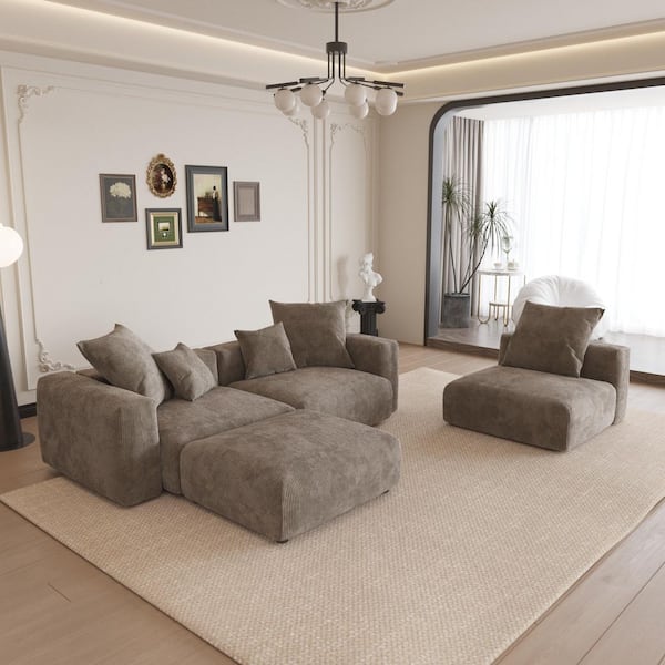 Unbranded 141.7 in. Reversible Modular 4-Piece Corduroy L-Shaped Sectional Sofa with Deep Seats and Ottoman in Brown