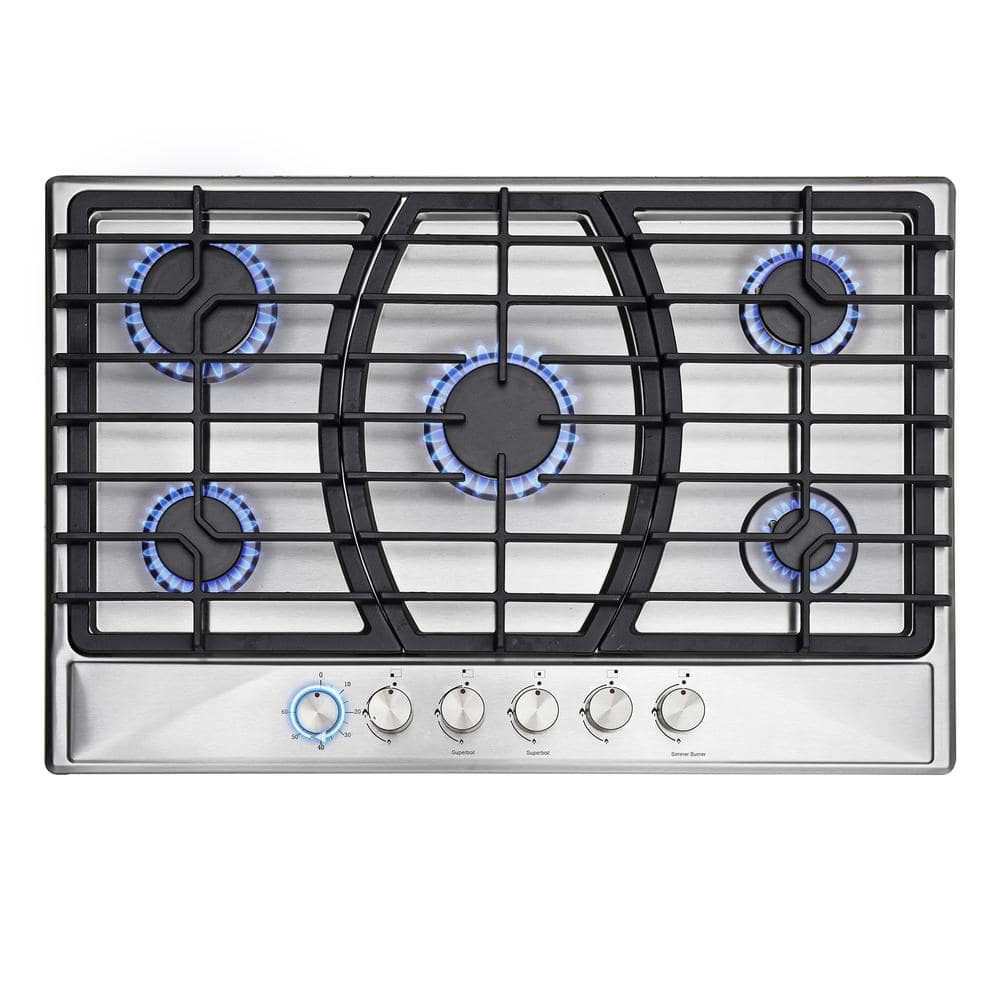 Trifecte 30 in. Gas Cooktop in Stainless Steel with 5 Burners and Timer including Power Burners, Silver