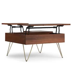 Hunter Solid Mango Wood 32 in. Wide Square Industrial Lift Top Coffee Table in Umber Brown, Gold