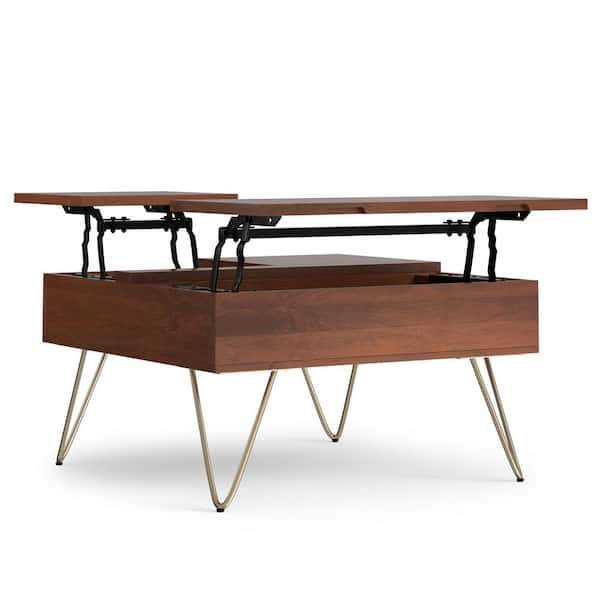 Simpli Home Hunter Solid Mango Wood 32 in. Wide Square Industrial Lift Top Coffee Table in Umber Brown, Gold