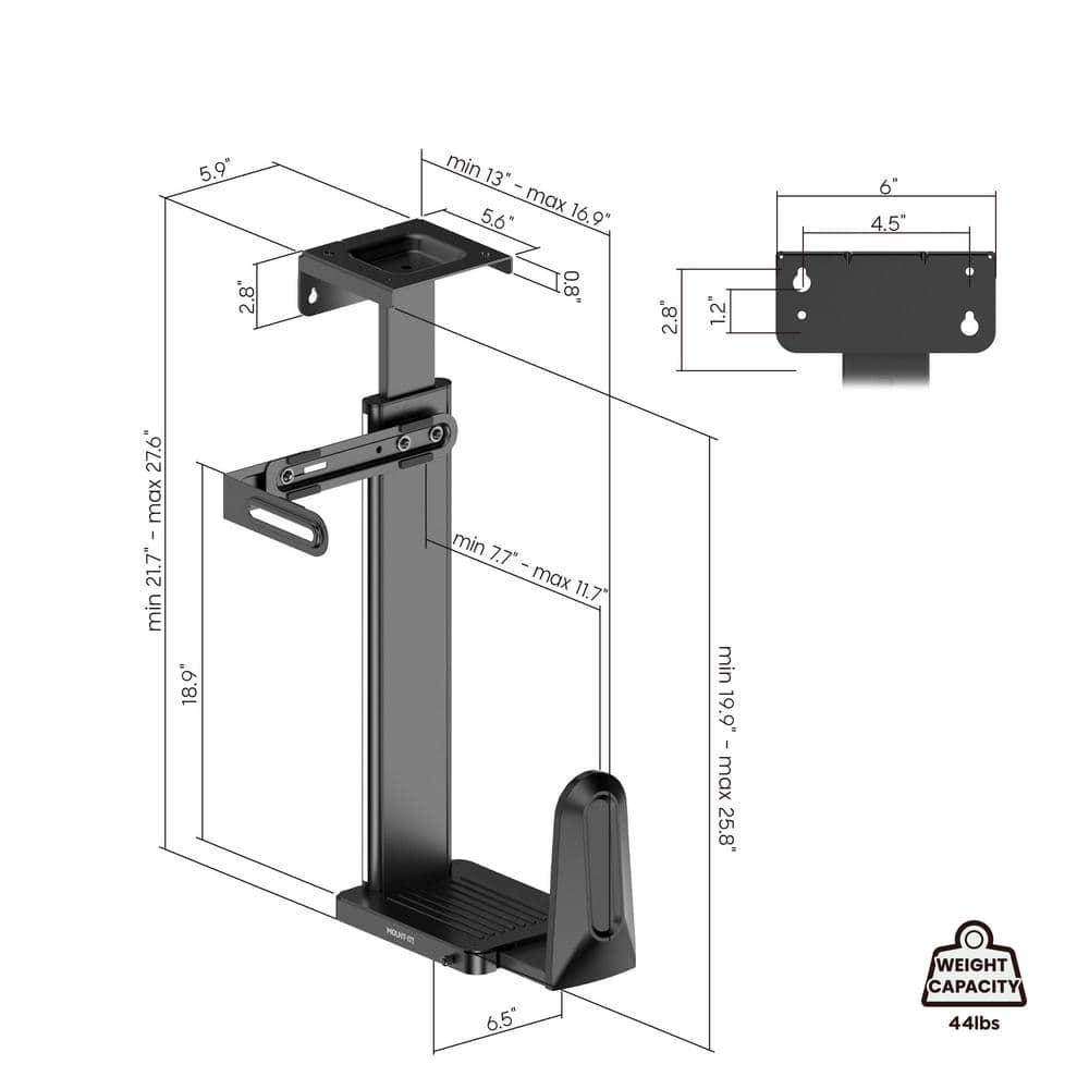 Black Adjustable Steel Under Desk and Wall CPU Mount