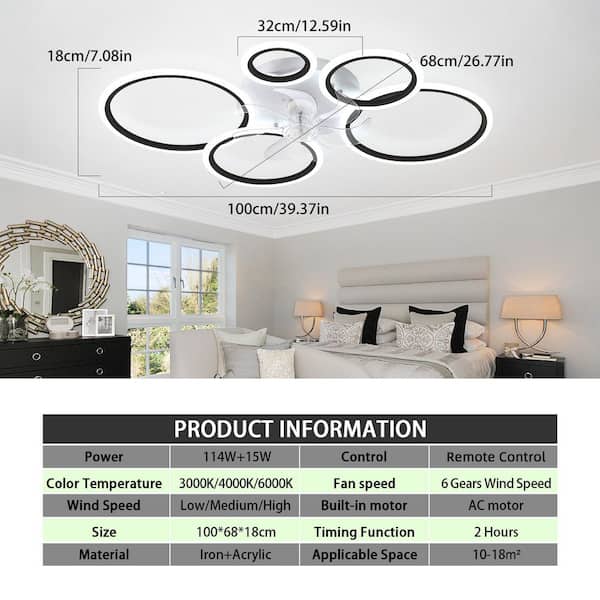 39.4 in. Indoor Black Modern Low Profile Ceiling Fan with Bright White Integrated LED and Remote Included for Bedroom